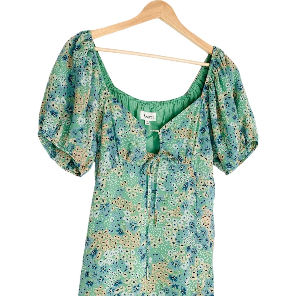 &merci Green Floral Dress Empire Waist Short Puff Sleeves Side Pockets Medium